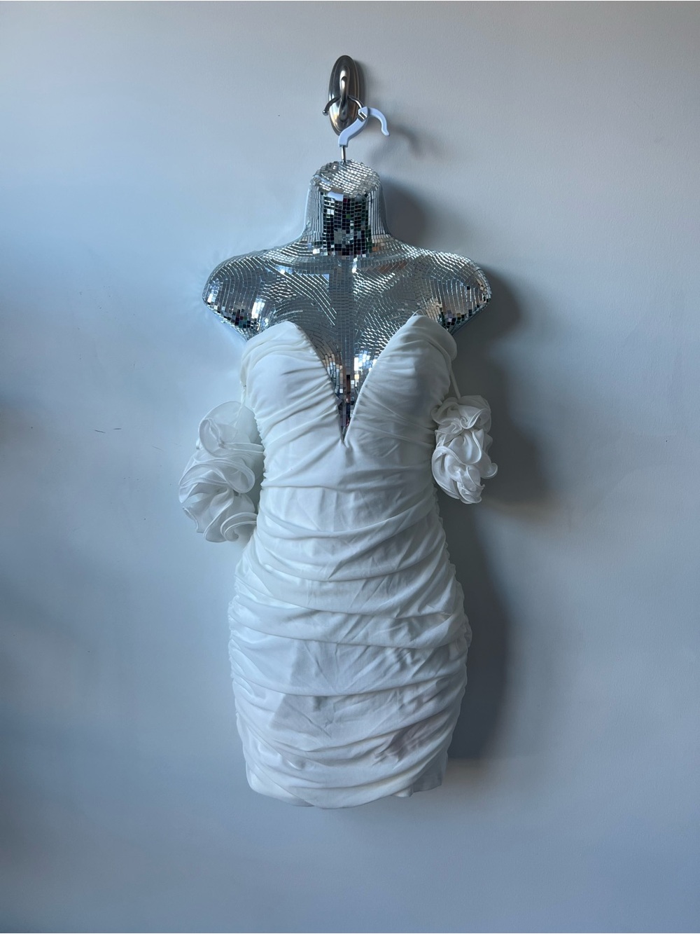 NWT - White Ruched Off-Shoulder Mini Dress with Puff Sleeves